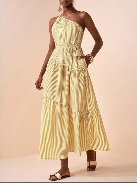 Dresses & Skirts - One-Shoulder Yellow Stripe Maxi Dress